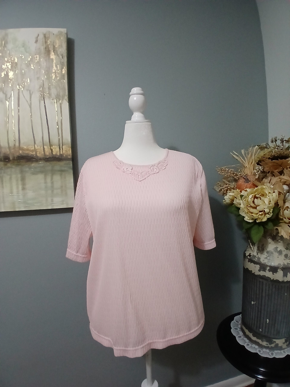 Blair Pale Pink Short Sleeve Ribbed Top with Lace Trim